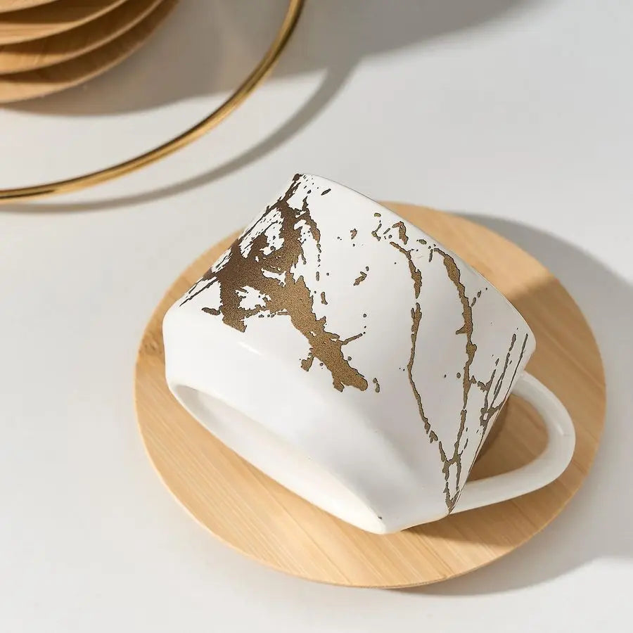 Ceramic Espresso Cups with Saucers and Metal Stand, Small 4 oz Porcelain Demitasse Cups Set of 6, Cute Cappuccino Coffee Cups fo