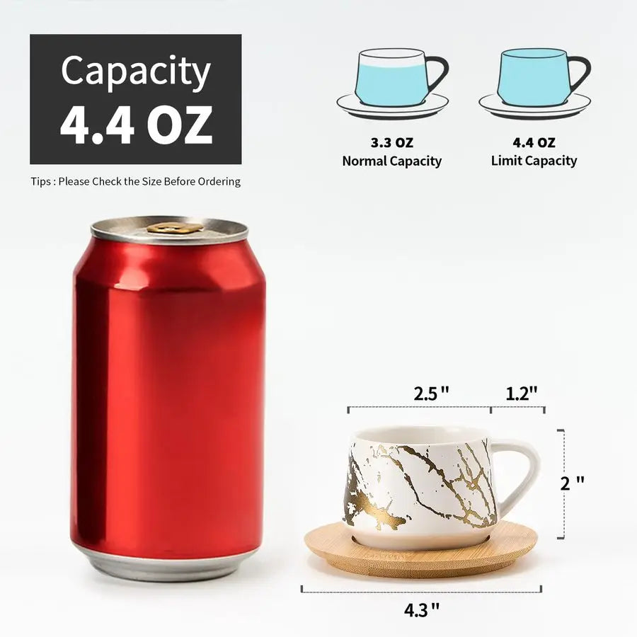 Ceramic Espresso Cups with Saucers and Metal Stand, Small 4 oz Porcelain Demitasse Cups Set of 6, Cute Cappuccino Coffee Cups fo