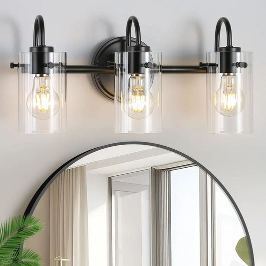 Lights Vanity Lights, Matte Black Bathroom Wall Light Fixtures over Mirror, Modern Wall Sconce with Clear Glass Shade, Farmhouse