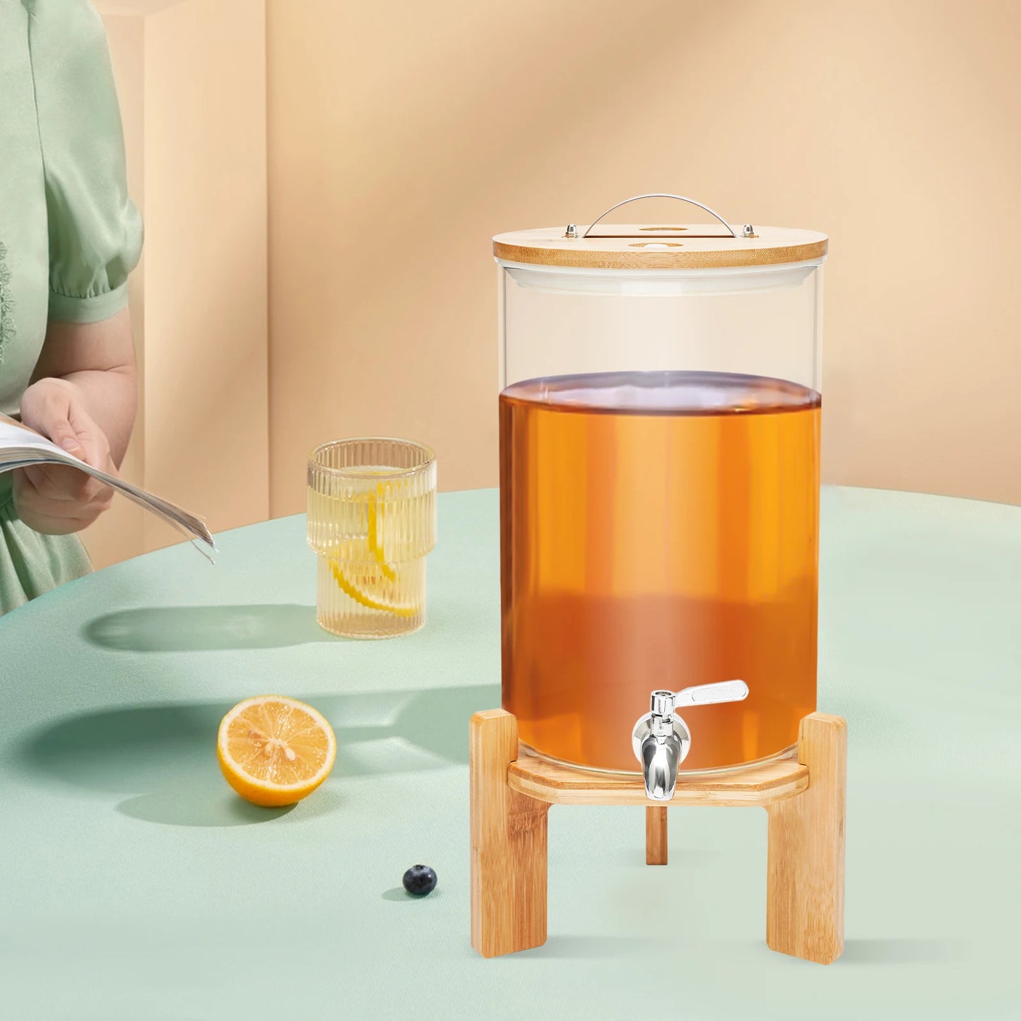 7.5L Glass Beverage Dispenser with Stand & Spigot | Hot & Cold Drink Dispenser Jar | 2-Gallon Lemonade Iced Tea Water Dispenser