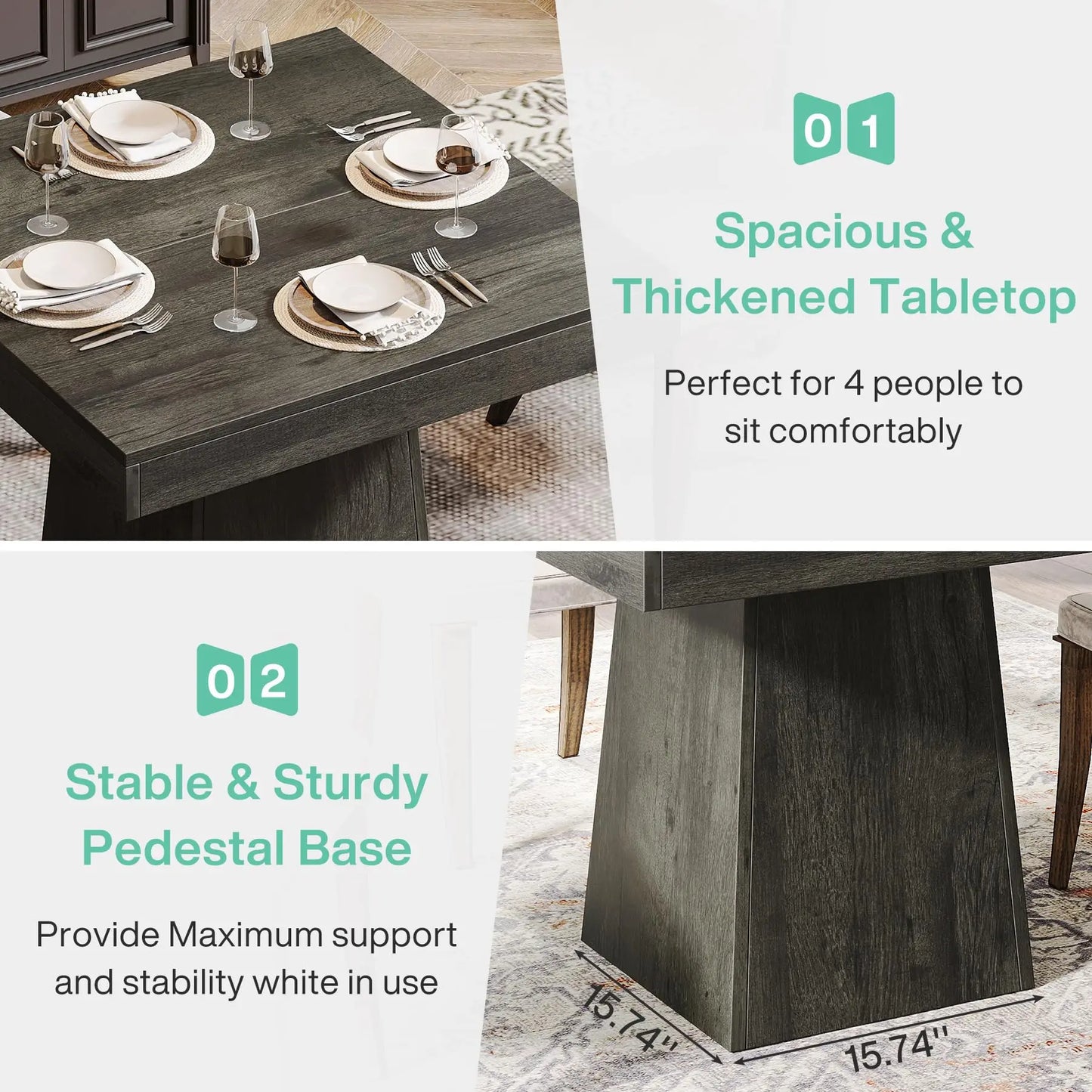 Tribesigns Square Dining Table With Sturdy Pedestal Base Farmhouse Style