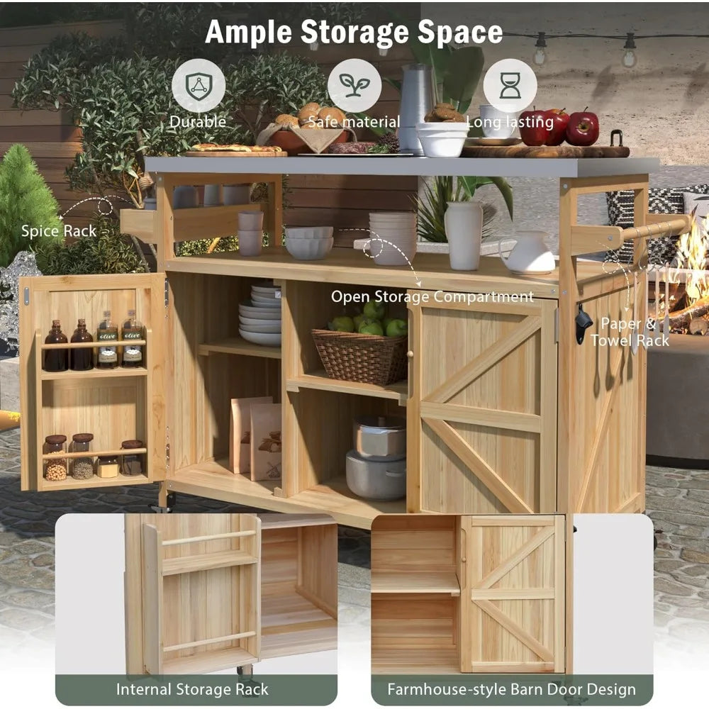 grill cart with stainless steel tabletop - outdoor storage cabinet for bbq, bar patio kitchen island with ample storage and lock