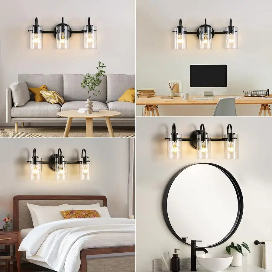 Lights Vanity Lights, Matte Black Bathroom Wall Light Fixtures over Mirror, Modern Wall Sconce with Clear Glass Shade, Farmhouse