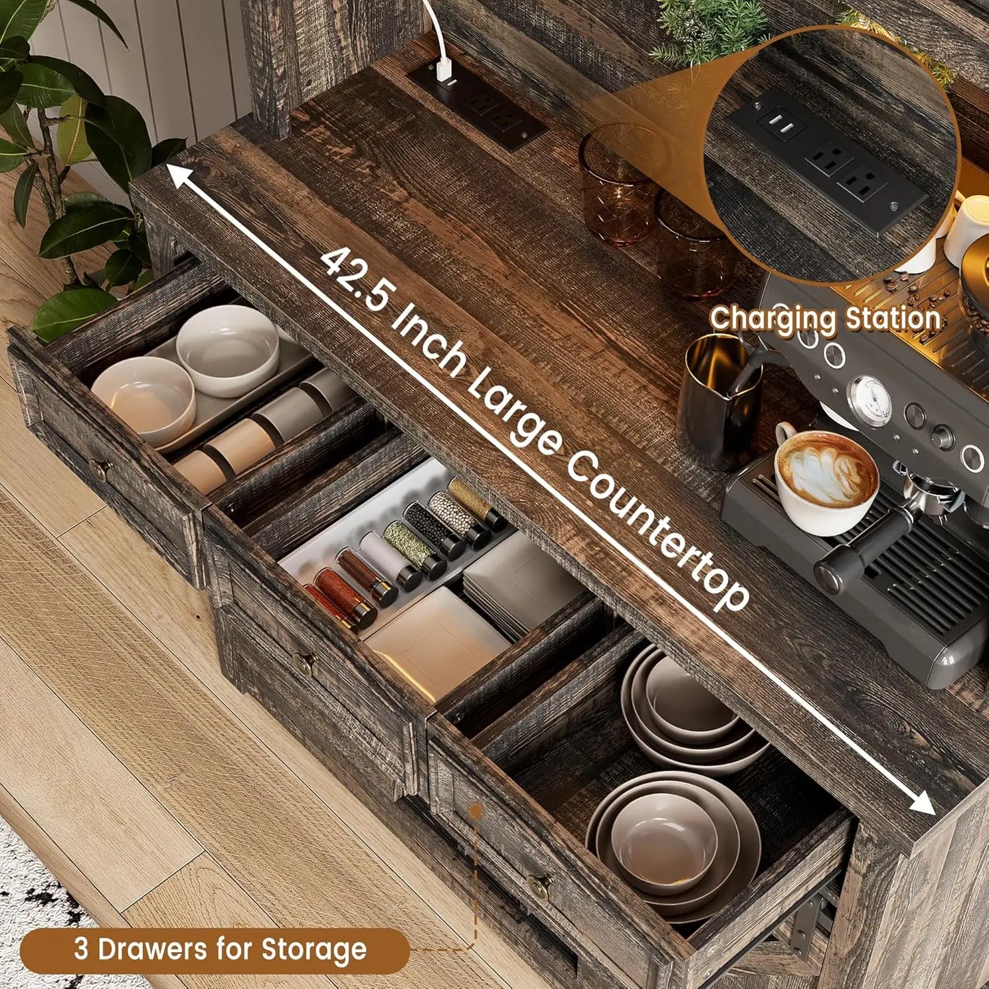 71" Coffee Bar Cabinet with Power Outlet & LED Light,Tall Kitchen Bar Cabinets with Storage Drawers & Wine Dispaly Rack