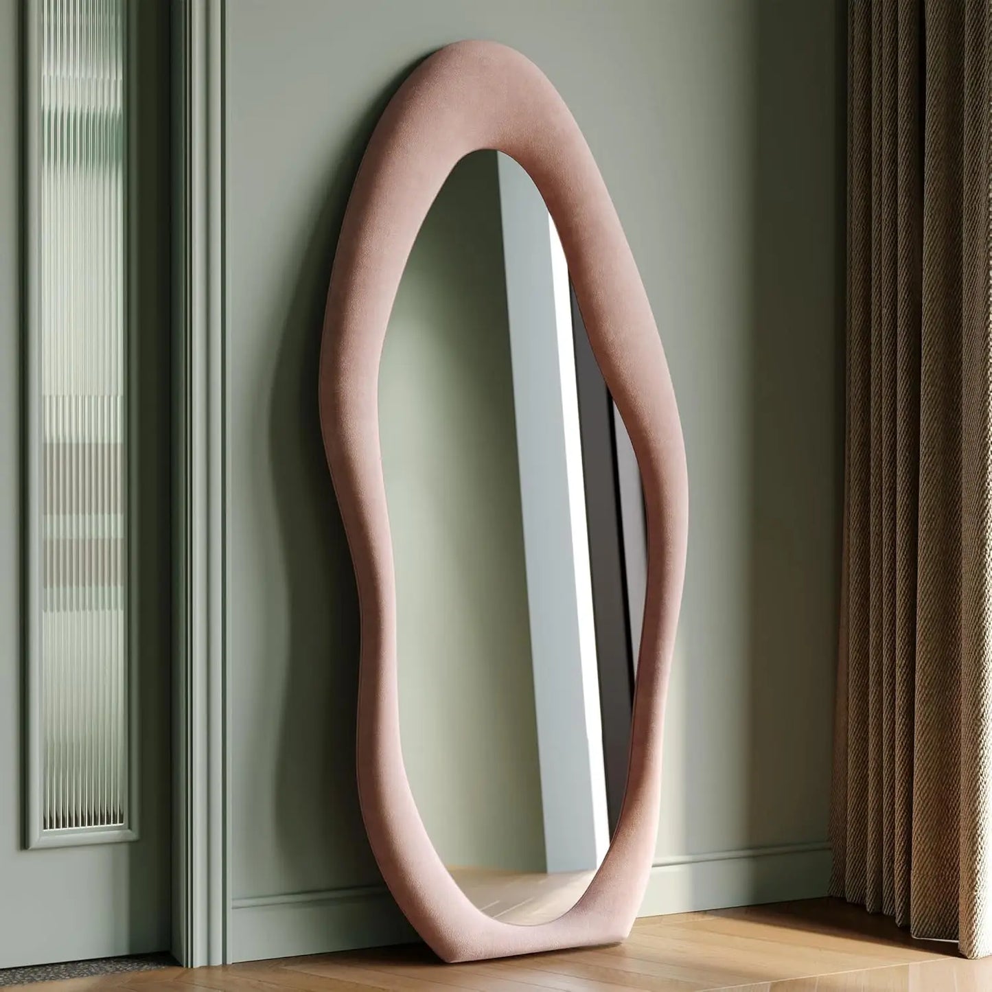 Irregular Wave Mirror With Wooden Frame For Wall Or Leaning