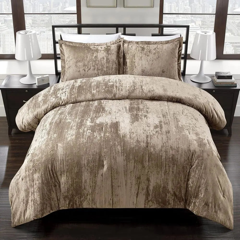3-Piece Khaki King Crinkle Velvet Comforter Set with Brushed Microfiber Reverse