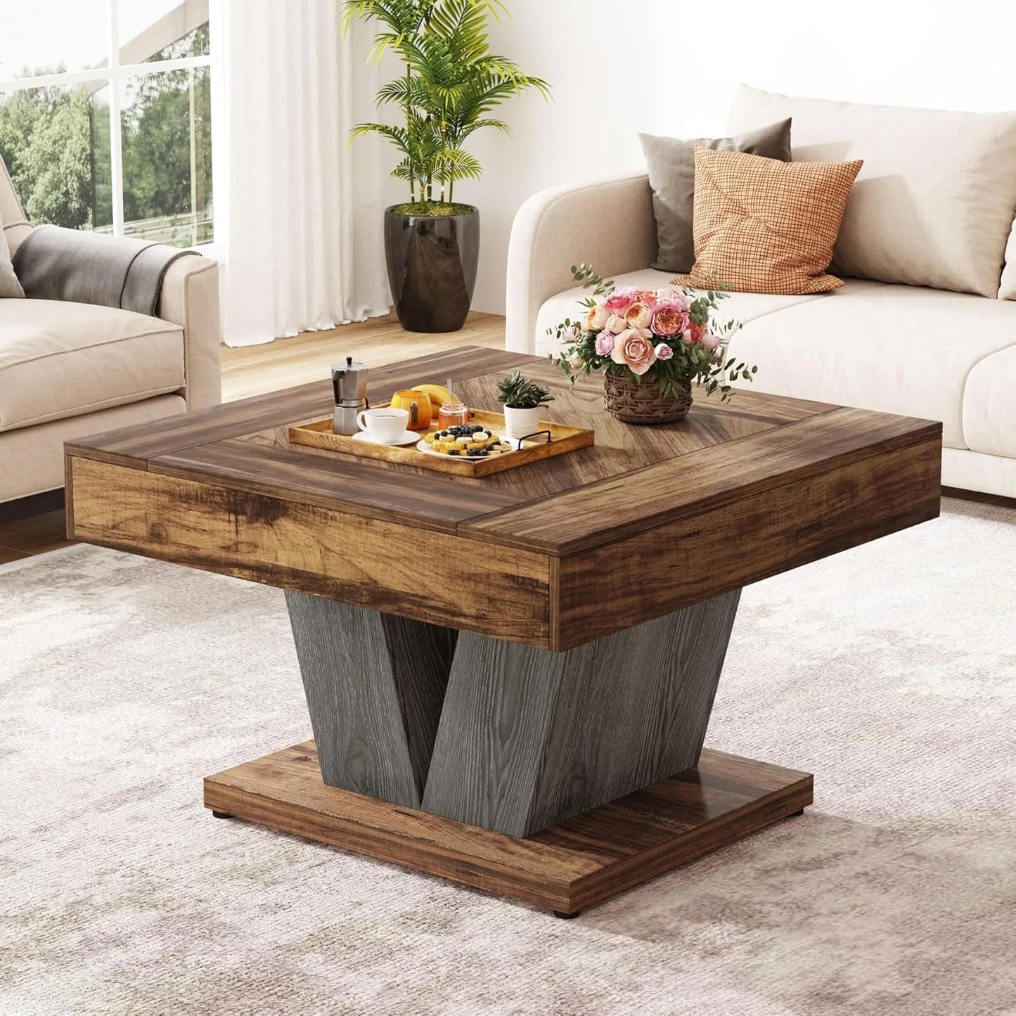 LITTLE TREE Square Coffee Table Wood Center Table For Living Room