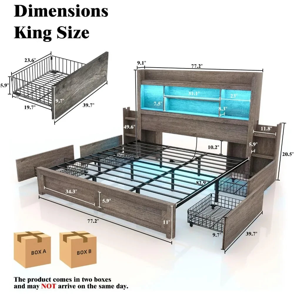 King Bed Frame With Bookcase Headboard And 4 Drawers Farmhouse