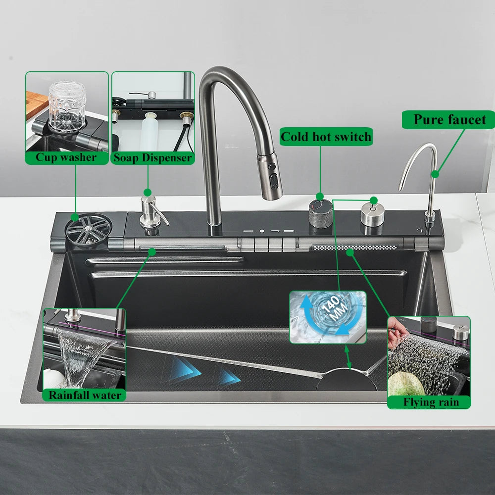 304 Stainless Steel Waterfall Kitchen Sink Large Single Slot Integrated Digital Display Faucet Set Soap Dispenser Cup Washer