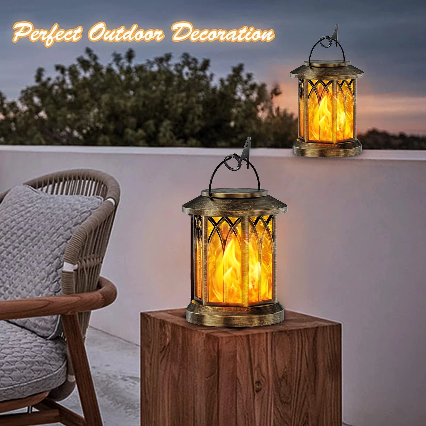 KPSTEK Flickering Flame Solar Lanterns Outdoor Lights 2 Pack