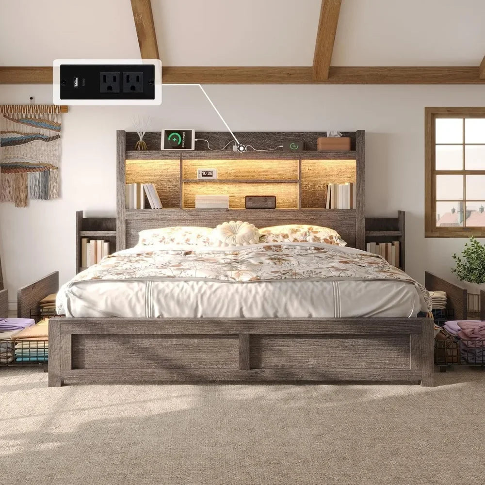 King Bed Frame With Bookcase Headboard And 4 Drawers Farmhouse