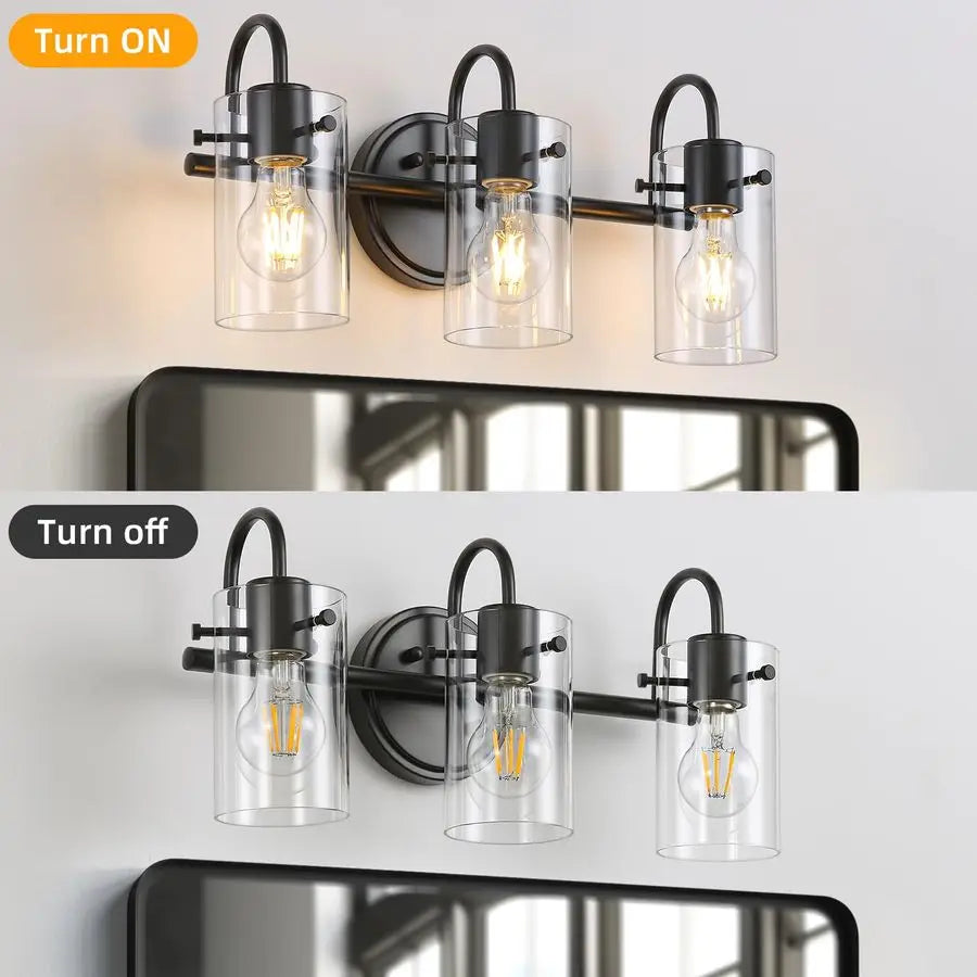 Lights Vanity Lights, Matte Black Bathroom Wall Light Fixtures over Mirror, Modern Wall Sconce with Clear Glass Shade, Farmhouse