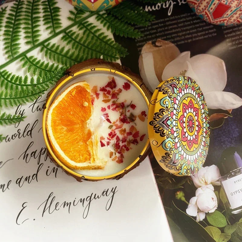 Scented Soy Wax Candle With Dried Flowers In Iron Jar