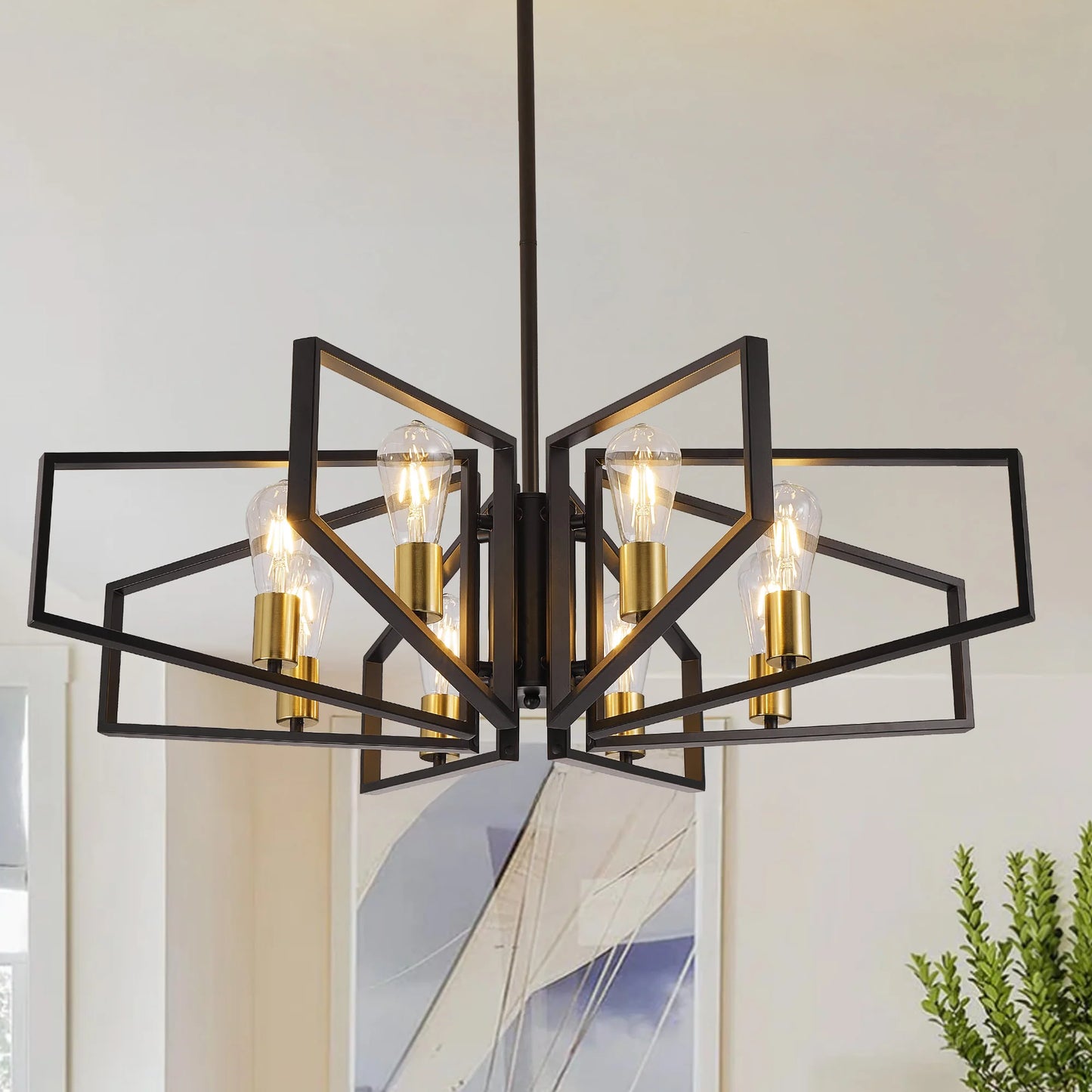 Modern 8-Light Geometric Chandelier Adjustable Height Metal Pendant Light