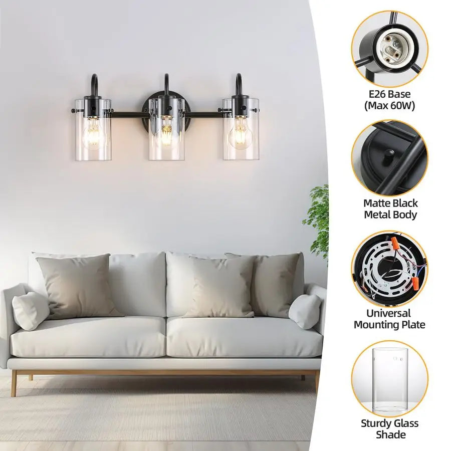 Lights Vanity Lights, Matte Black Bathroom Wall Light Fixtures over Mirror, Modern Wall Sconce with Clear Glass Shade, Farmhouse