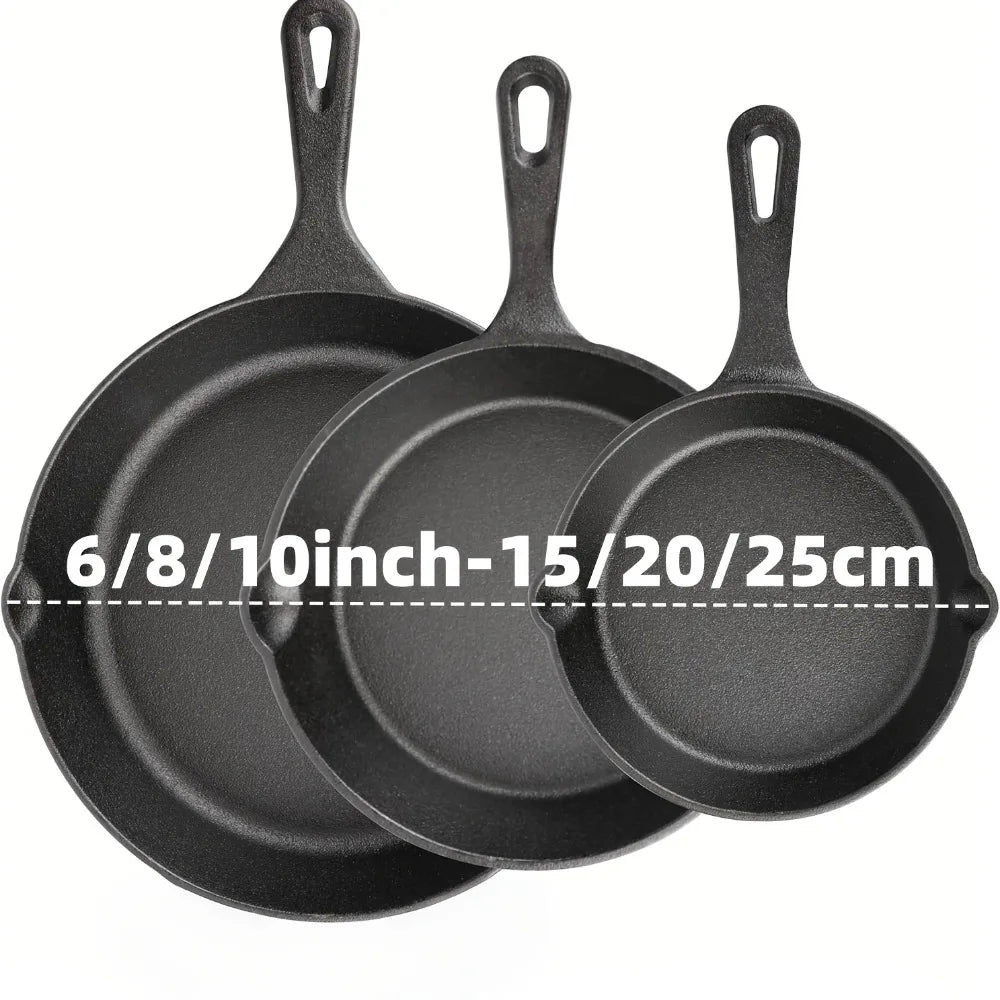 3PCS Cast Iron Skillet Set (6/8/10 Inch), Pre-Seasoned Heavy-Duty Pans for Oven, Grill & Campfire, Non-Stick Even Heat