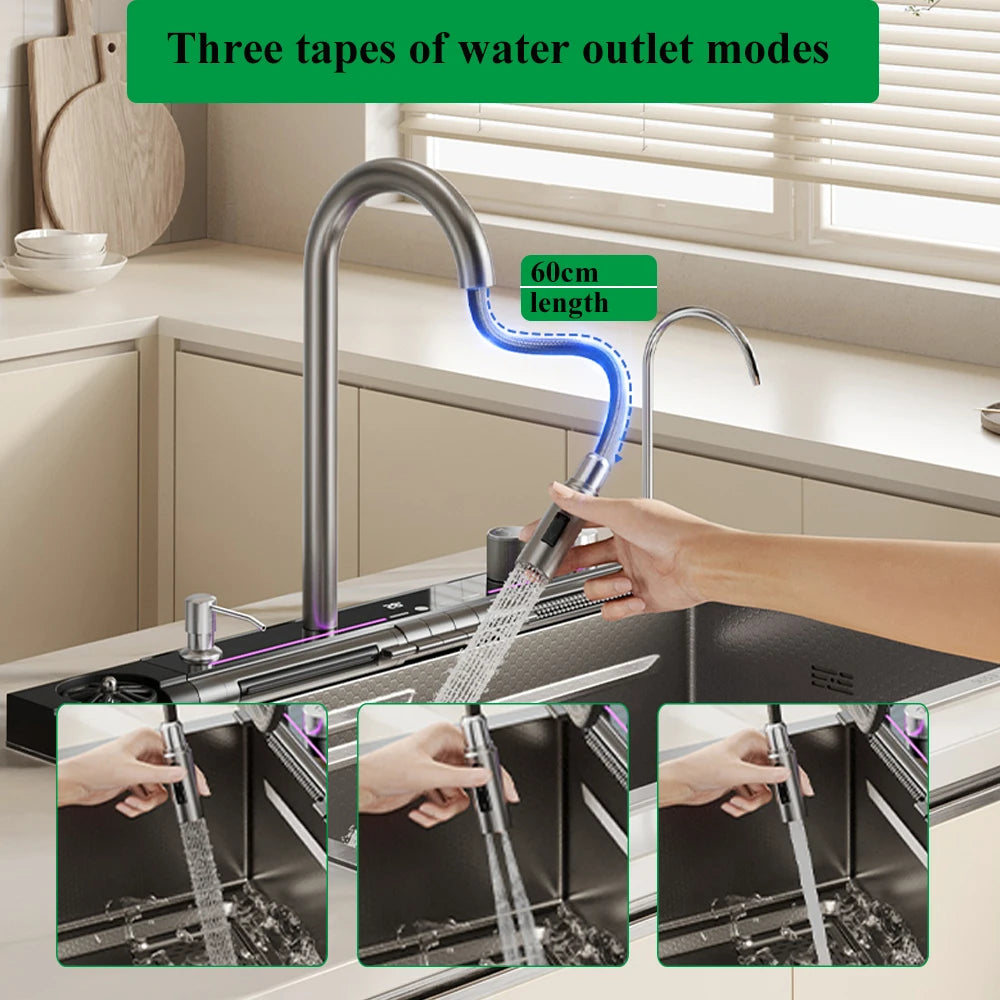 304 Stainless Steel Waterfall Kitchen Sink Large Single Slot Integrated Digital Display Faucet Set Soap Dispenser Cup Washer