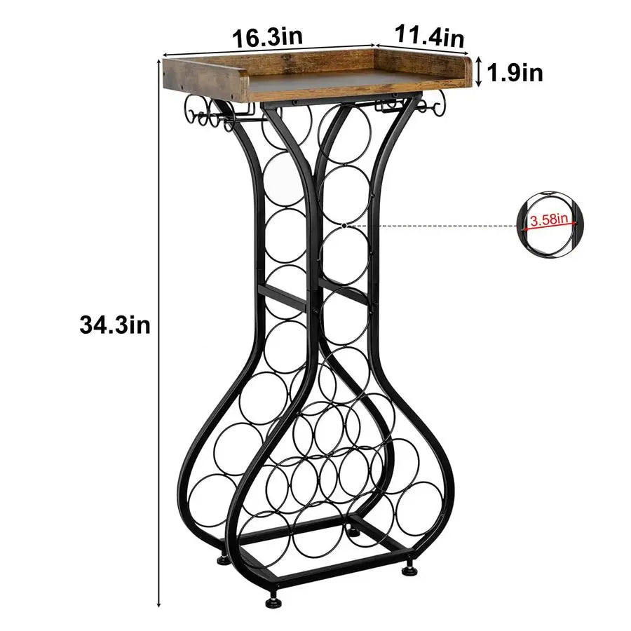 Wine Rack Freestanding Floor, Mini Bar Table Wine Holder Stand Liquor Cabinet with Glass Holder Wood Tabletop 14 Bottles Floor