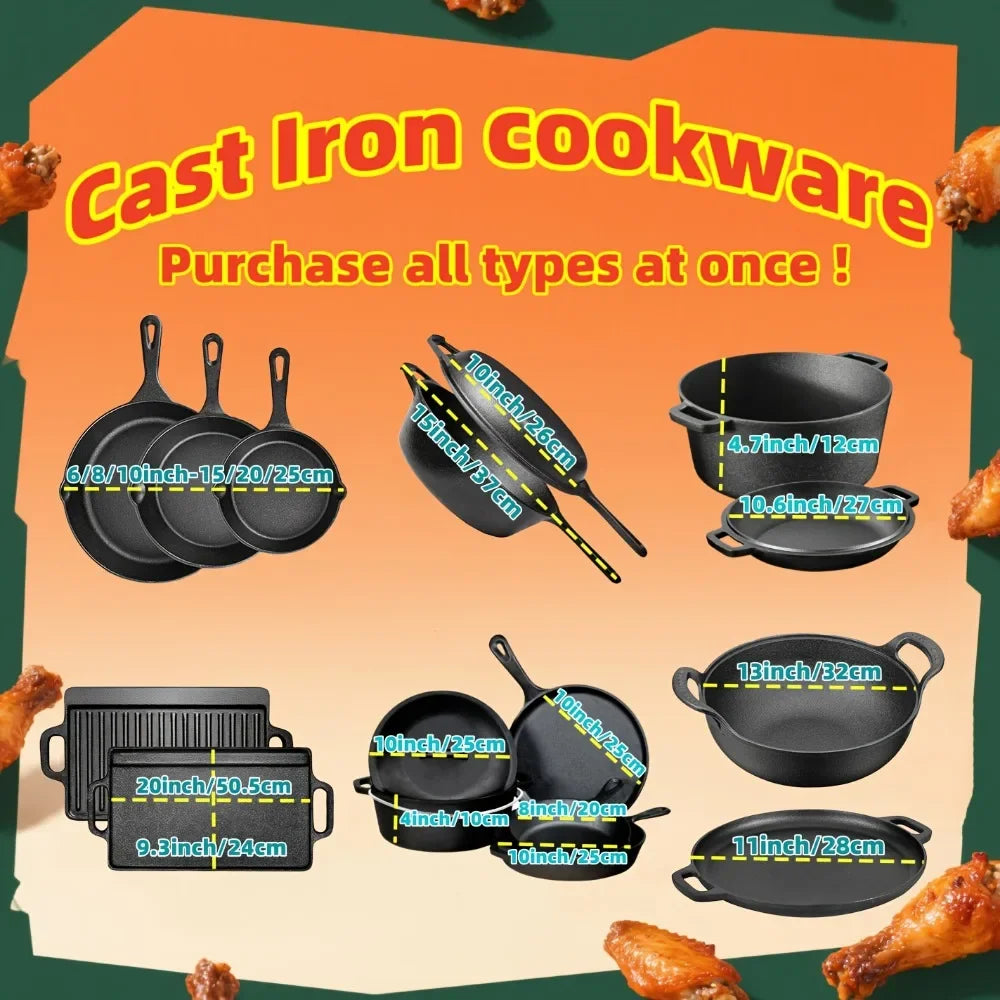 3PCS Cast Iron Skillet Set (6/8/10 Inch), Pre-Seasoned Heavy-Duty Pans for Oven, Grill & Campfire, Non-Stick Even Heat