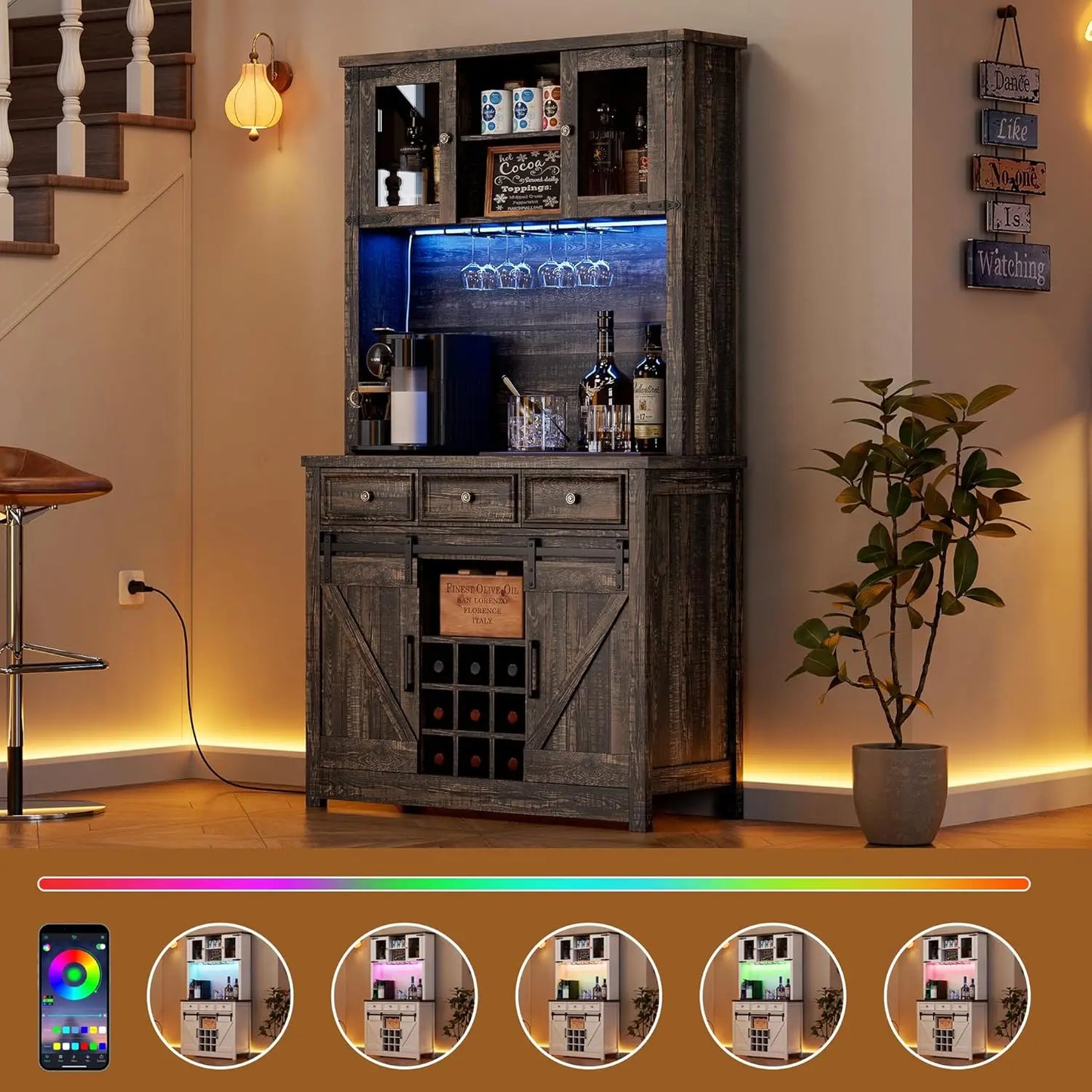 71" Coffee Bar Cabinet with Power Outlet & LED Light,Tall Kitchen Bar Cabinets with Storage Drawers & Wine Dispaly Rack