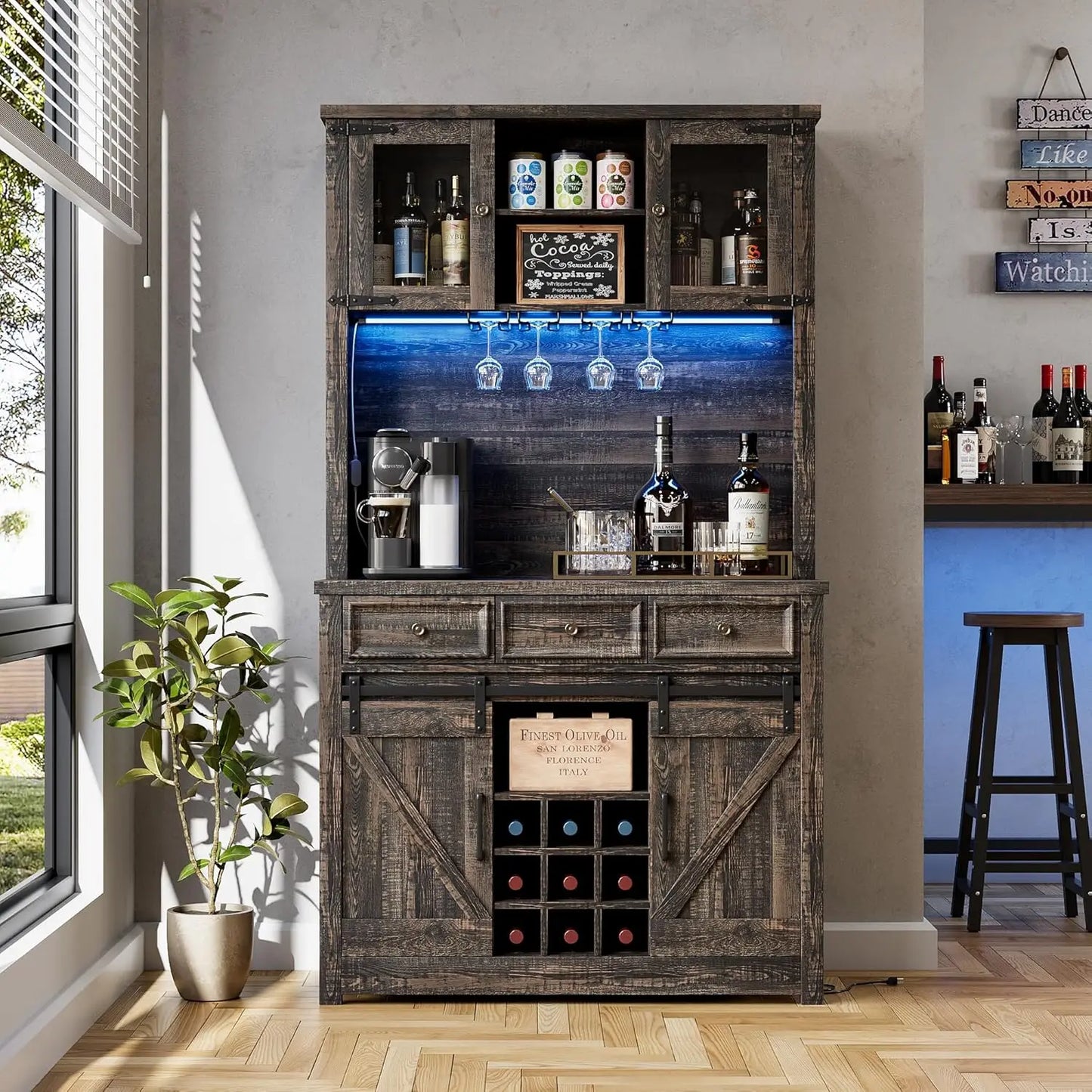 71" Coffee Bar Cabinet with Power Outlet & LED Light,Tall Kitchen Bar Cabinets with Storage Drawers & Wine Dispaly Rack