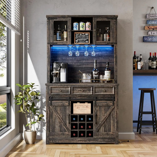 71" Coffee Bar Cabinet with Power Outlet & LED Light,Tall Kitchen Bar Cabinets with Storage Drawers & Wine Dispaly Rack