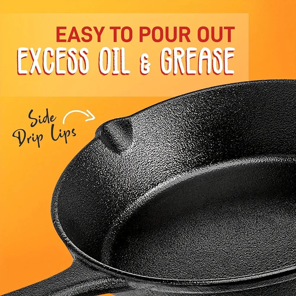 3PCS Cast Iron Skillet Set (6/8/10 Inch), Pre-Seasoned Heavy-Duty Pans for Oven, Grill & Campfire, Non-Stick Even Heat