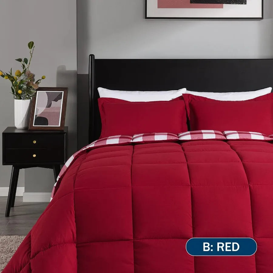 King Size Lightweight Plaid Comforter Set with 2 Pillow Shams - Red/White Plaid Down Alternative Reversible 3-Piece Set