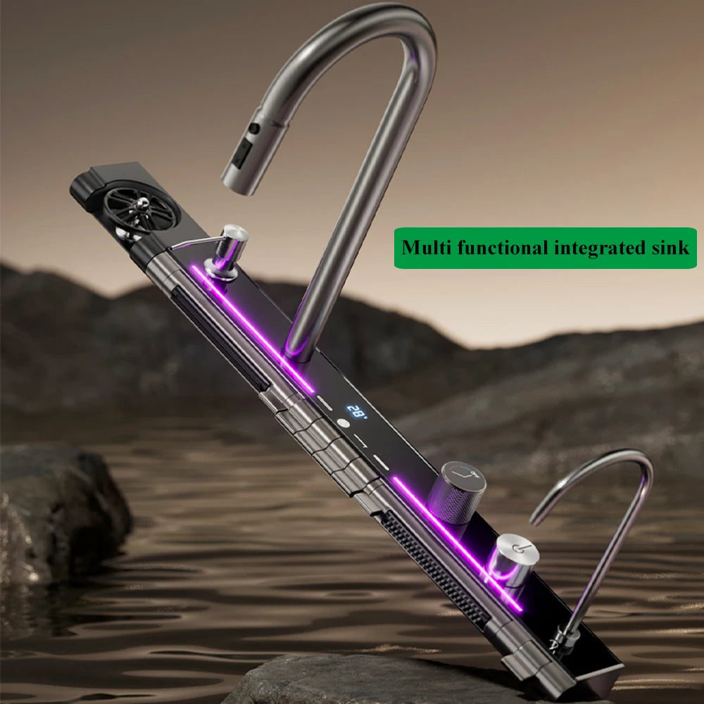 304 Stainless Steel Waterfall Kitchen Sink Large Single Slot Integrated Digital Display Faucet Set Soap Dispenser Cup Washer