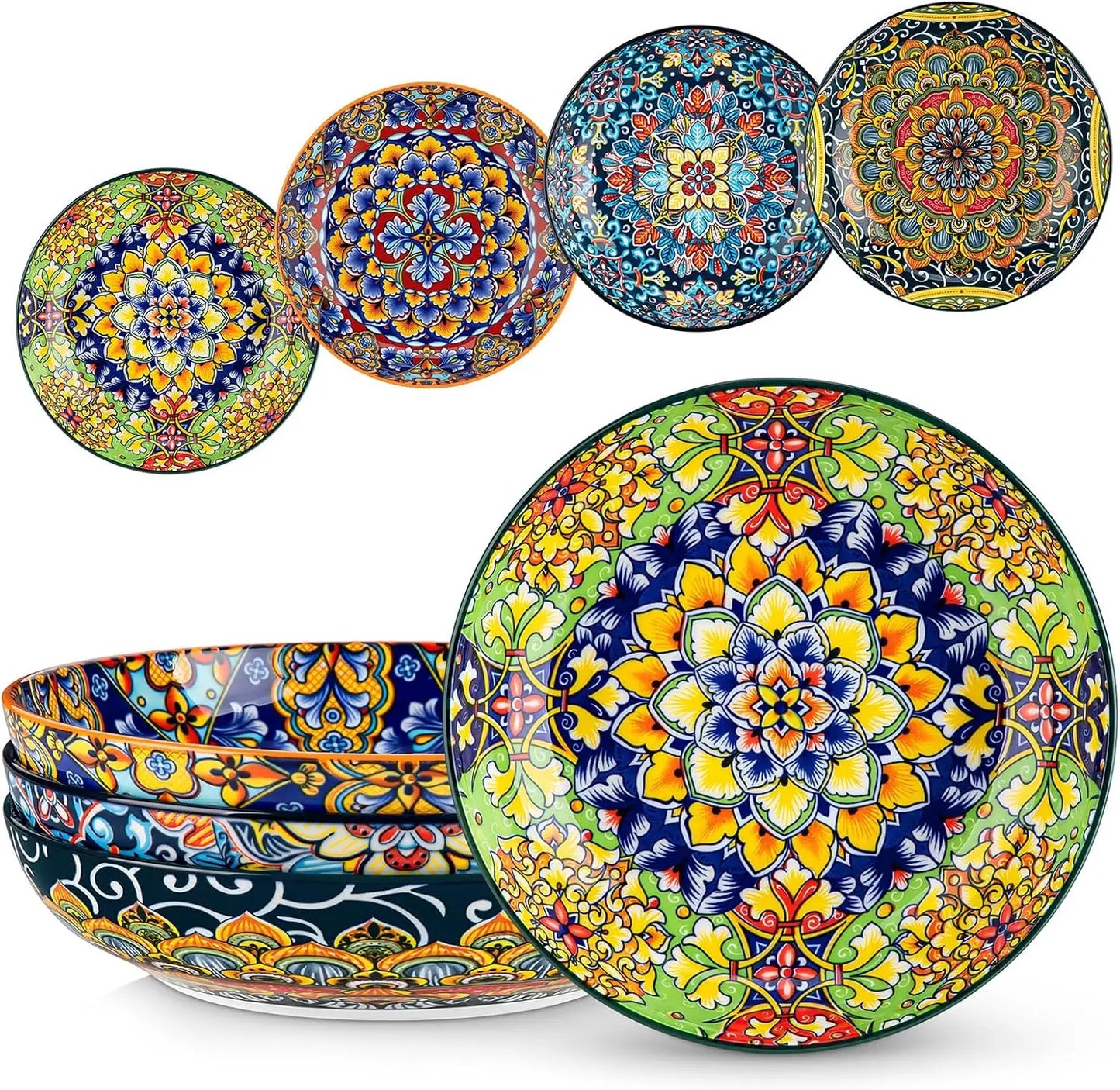 Ceramic Pasta Bowls Set of 4 Bohemian Pattern Designs