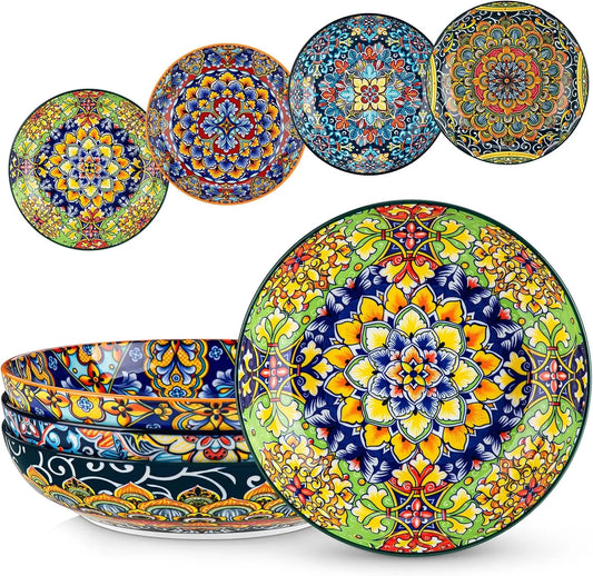 Ceramic Pasta Bowls Set of 4 Bohemian Pattern Designs