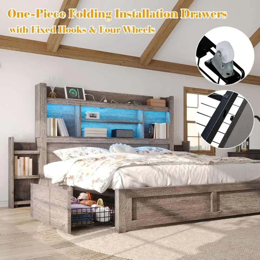 King Bed Frame With Bookcase Headboard And 4 Drawers Farmhouse