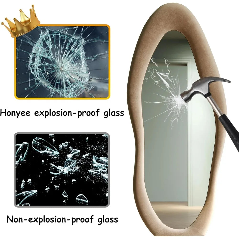 Irregular Wave Mirror With Wooden Frame For Wall Or Leaning