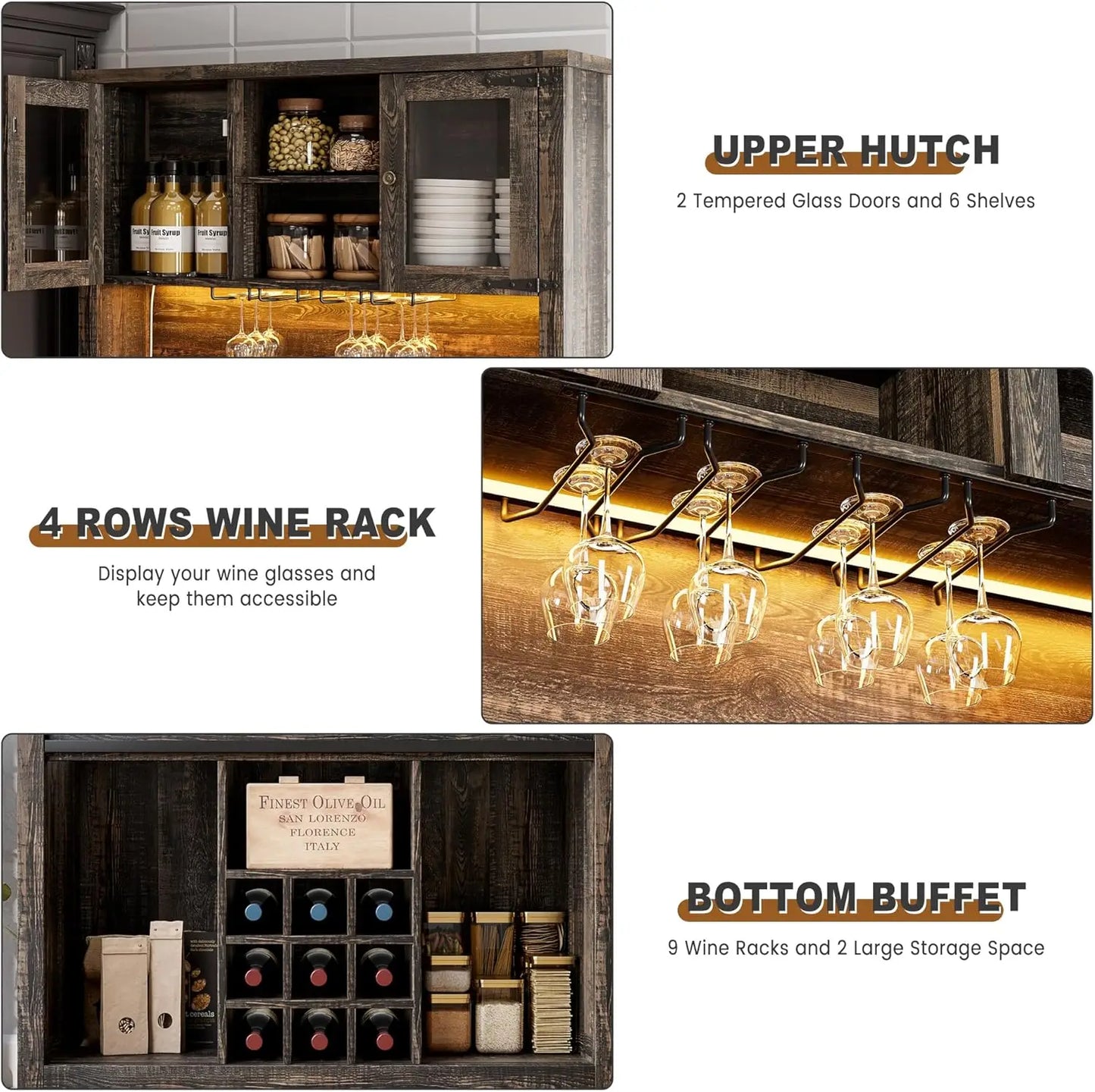 71" Coffee Bar Cabinet with Power Outlet & LED Light,Tall Kitchen Bar Cabinets with Storage Drawers & Wine Dispaly Rack