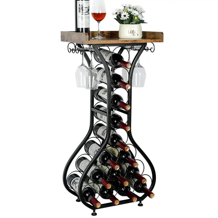 Wine Rack Freestanding Floor, Mini Bar Table Wine Holder Stand Liquor Cabinet with Glass Holder Wood Tabletop 14 Bottles Floor