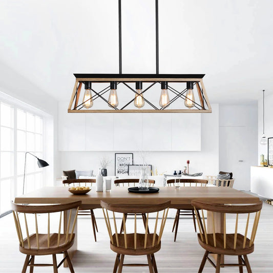 Farmhouse Chandeliers for Dining Room, 5-Light Rustic Kitchen Island Lighting, Adjustable Height Pendant Light Oak (No Bulbs)