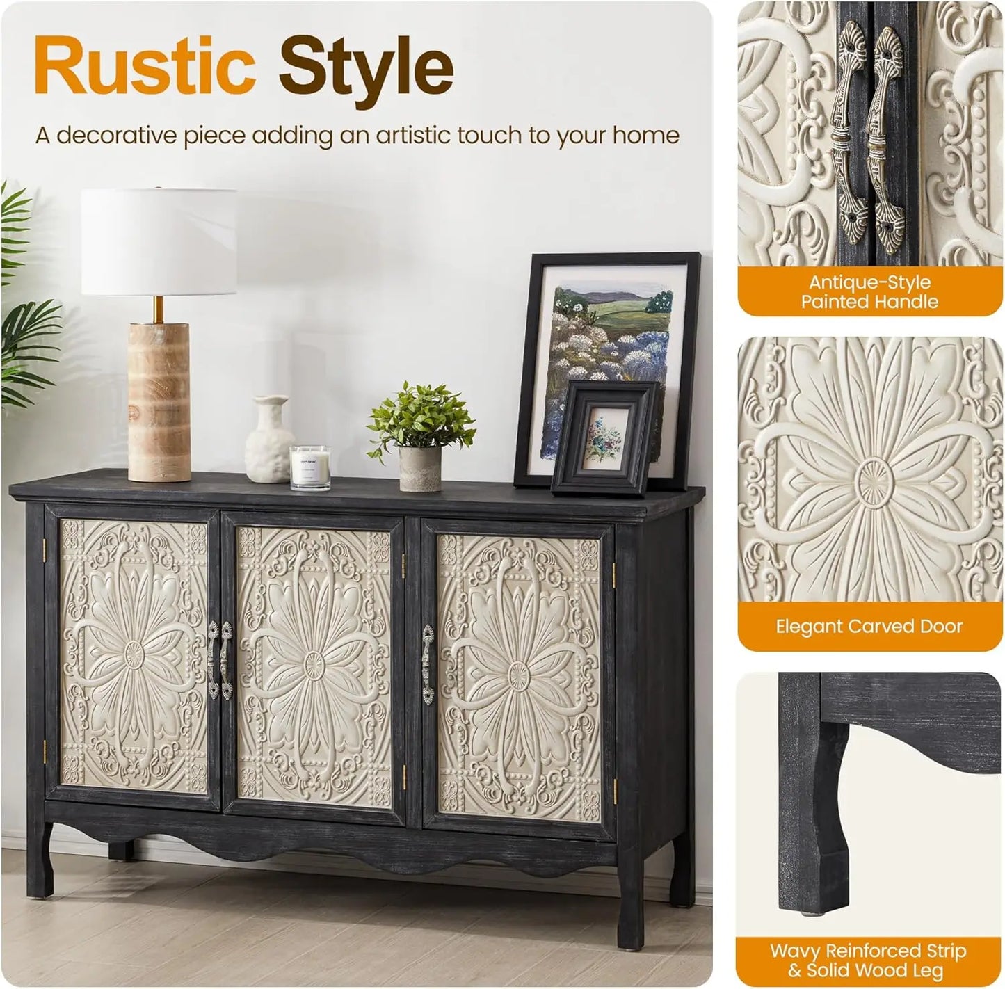 Farmhouse Sideboard Buffet Cabinet, 49' Solid Wood Credenza with 3 Doors for Dining Room, Living Room, Hallway (Provence Black)