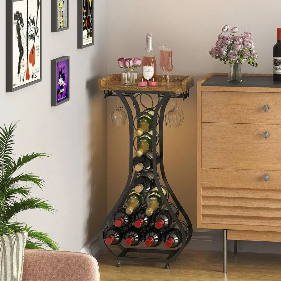 Wine Rack Freestanding Floor, Mini Bar Table Wine Holder Stand Liquor Cabinet with Glass Holder Wood Tabletop 14 Bottles Floor