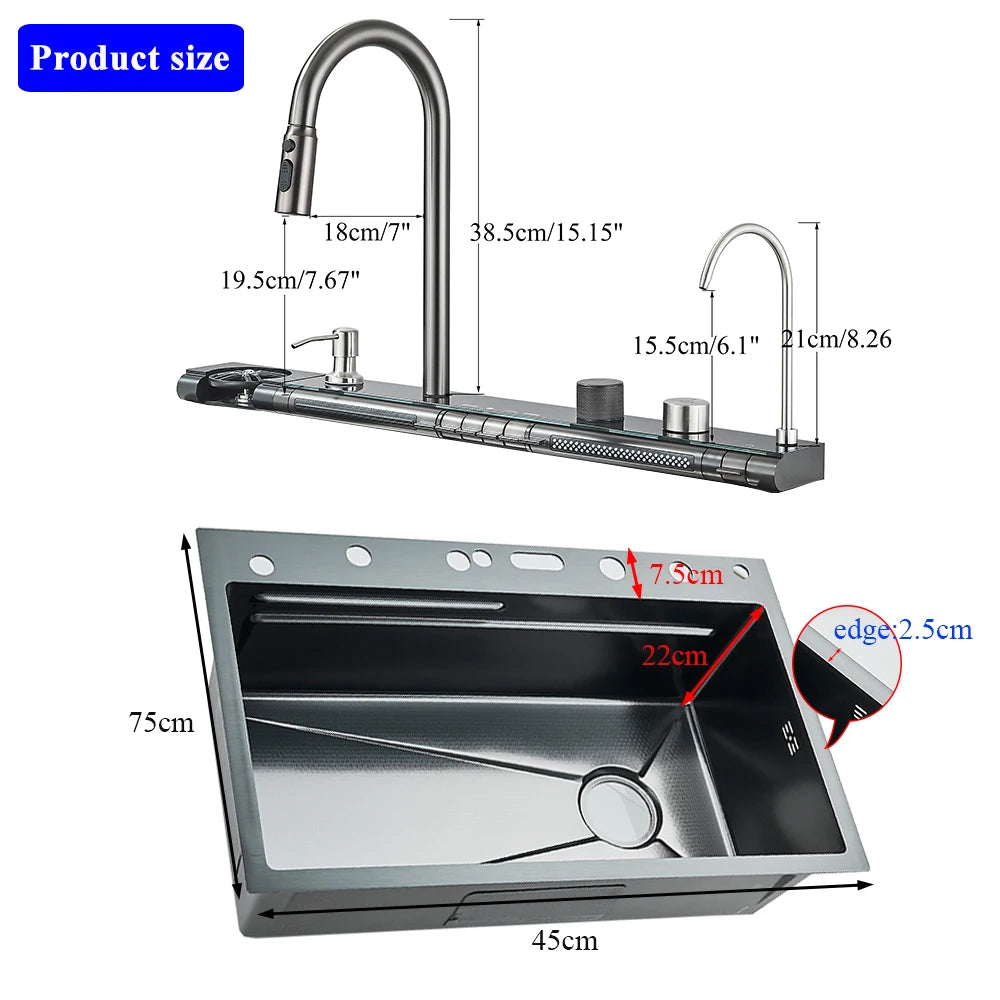 304 Stainless Steel Waterfall Kitchen Sink Large Single Slot Integrated Digital Display Faucet Set Soap Dispenser Cup Washer