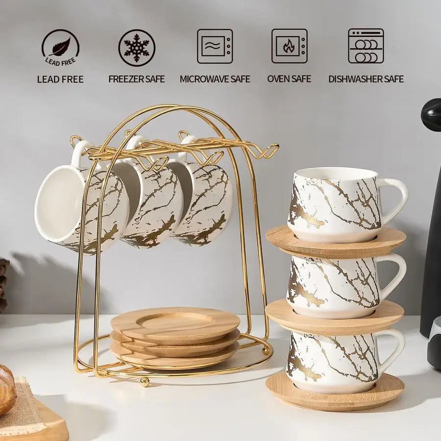 Ceramic Espresso Cups with Saucers and Metal Stand, Small 4 oz Porcelain Demitasse Cups Set of 6, Cute Cappuccino Coffee Cups fo