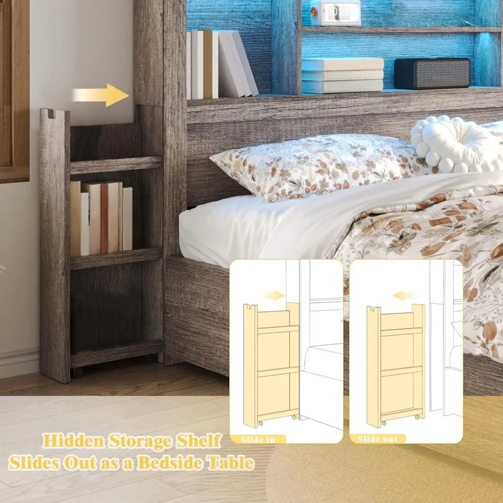 King Bed Frame With Bookcase Headboard And 4 Drawers Farmhouse